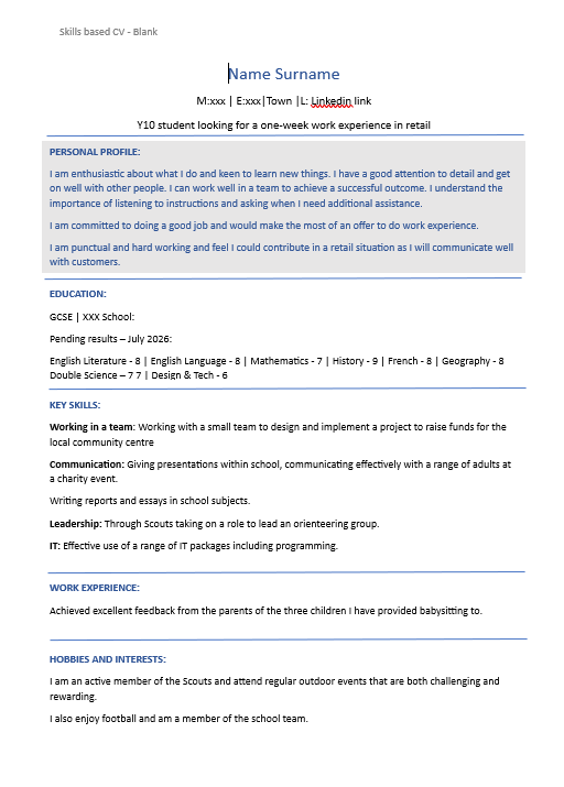 Example CV for a work experience - flagging up skills.